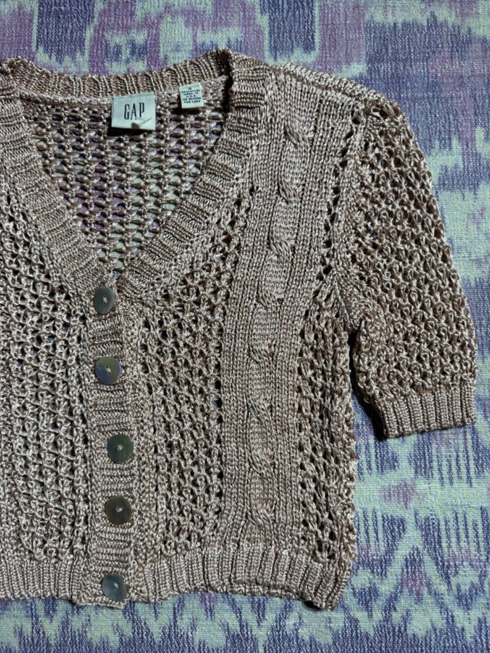 Vintage GAP Women Crochet Open Knit Short Sleeve Crop Cardigan Metallic Beige S - Picture 8 of 12